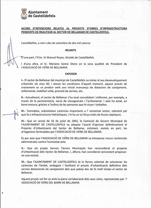 Acord d'Intencions Relatiu Al Projecte d'Obres d'Infraestructura Pendents De Realitzar Al Sector De Bellamar De Castelldefels