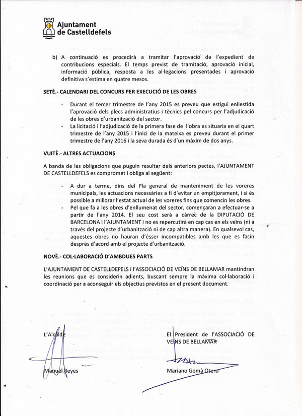 Acord d'Intencions Relatiu Al Projecte d'Obres d'Infraestructura Pendents De Realitzar Al Sector De Bellamar De Castelldefels